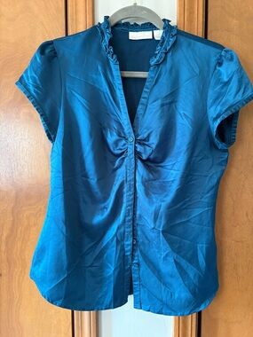 Worthington Teal Satin Short-Sleeve Ruffle-Collar Blouse